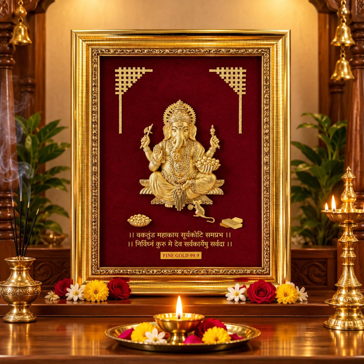 11 x 9 Ganesha Fine Gold 99.9 Framed Wall Art on Red Velvet Background