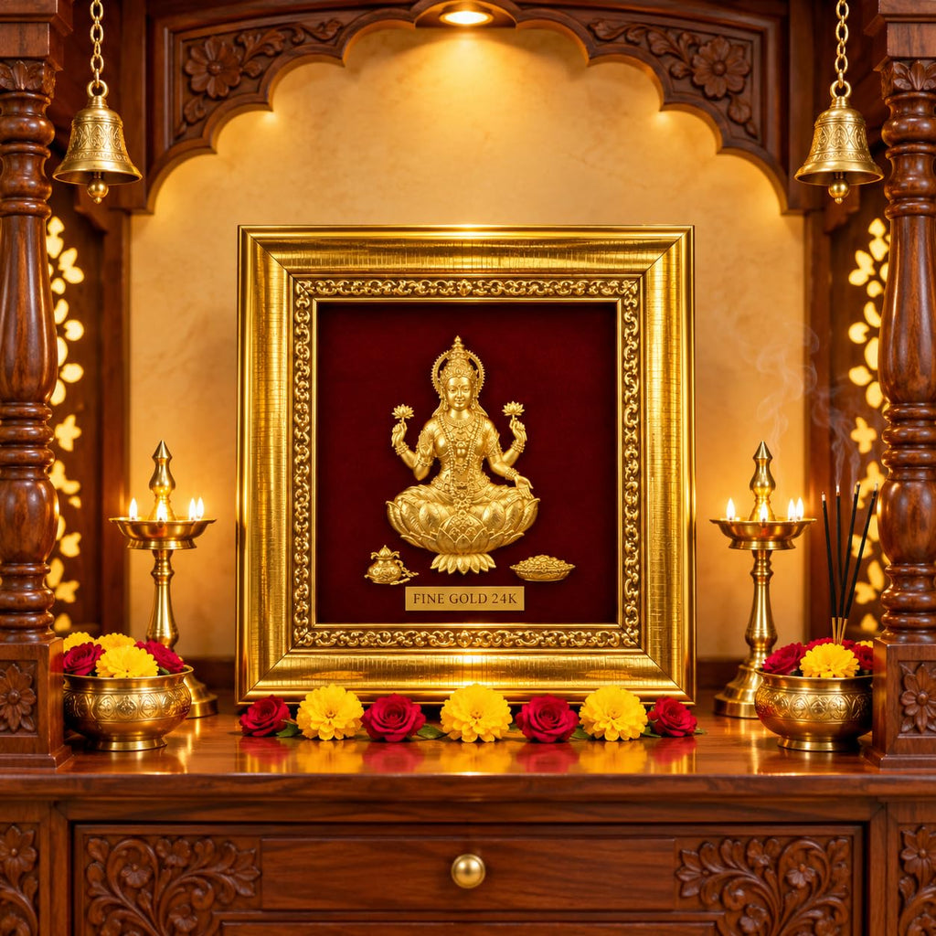 5 x 5 Goddess Lakshmi 24K Fine Gold Framed Wall Art, Red Velvet