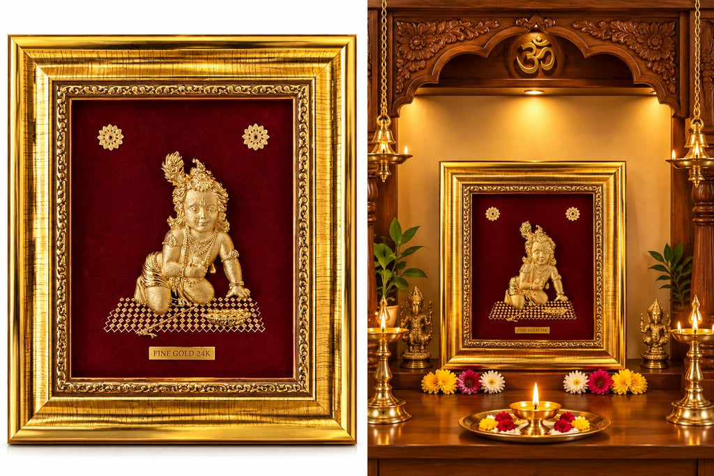 7 x 6 Bal Krishna 24K Fine Gold Framed Wall Art
