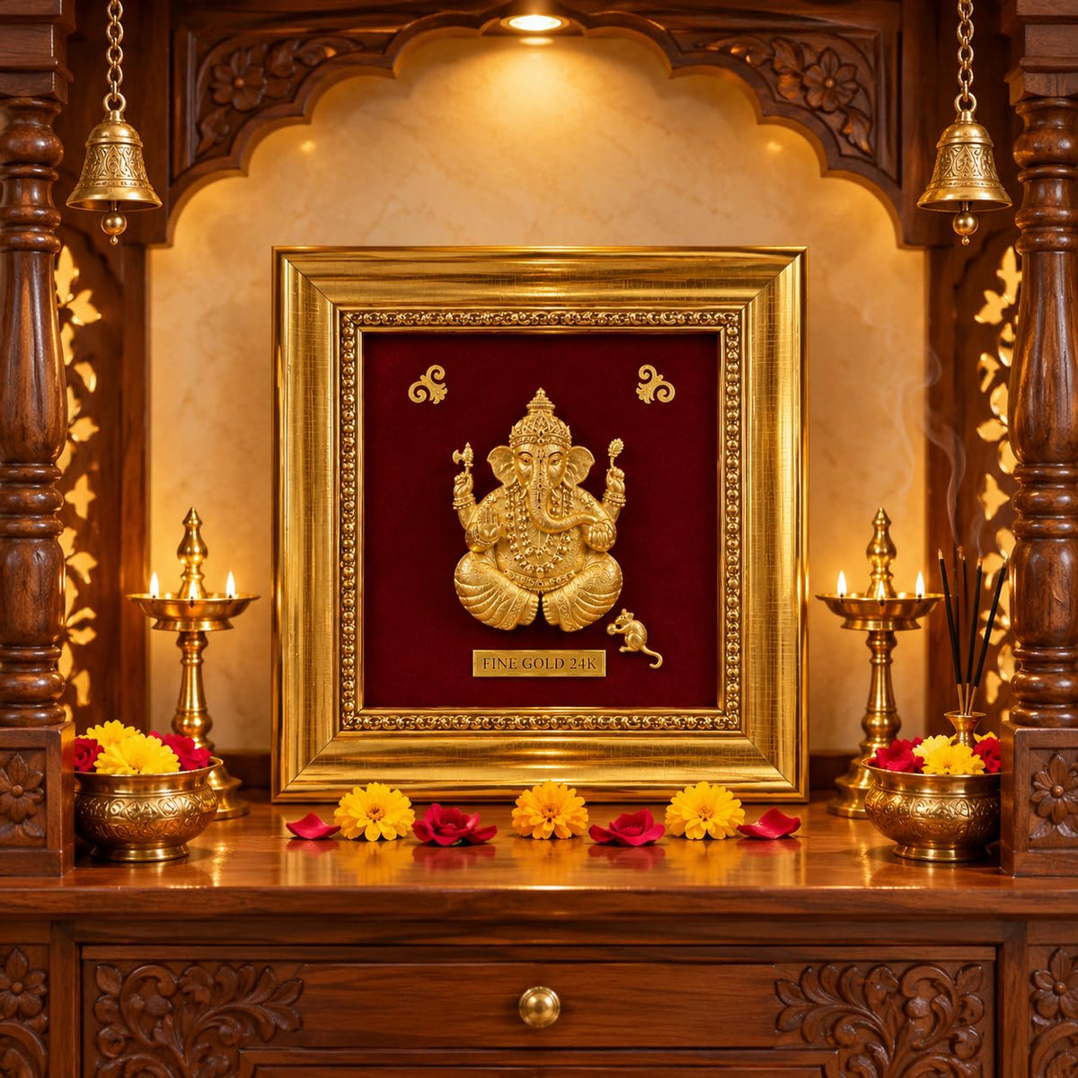 5 x 5 Lord Ganesha 3D Relief Art Frame, Fine Gold 24K
