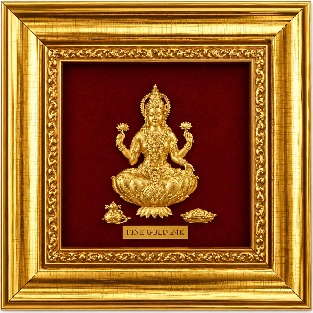 5 x 5 Goddess Lakshmi 24K Fine Gold Framed Wall Art, Red Velvet
