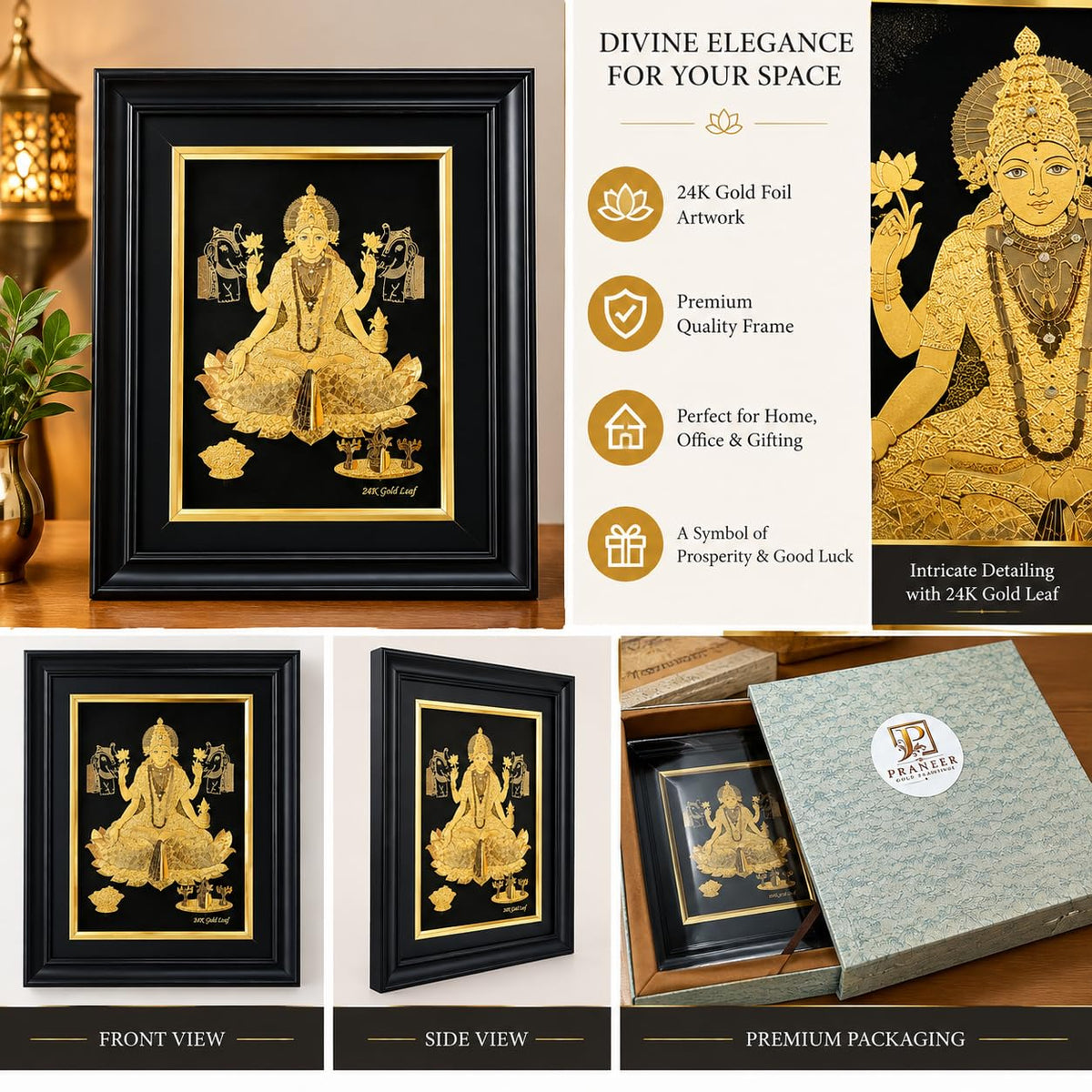10 x 8 Goddess Lakshmi Framed Art with 24K Gold Leaf