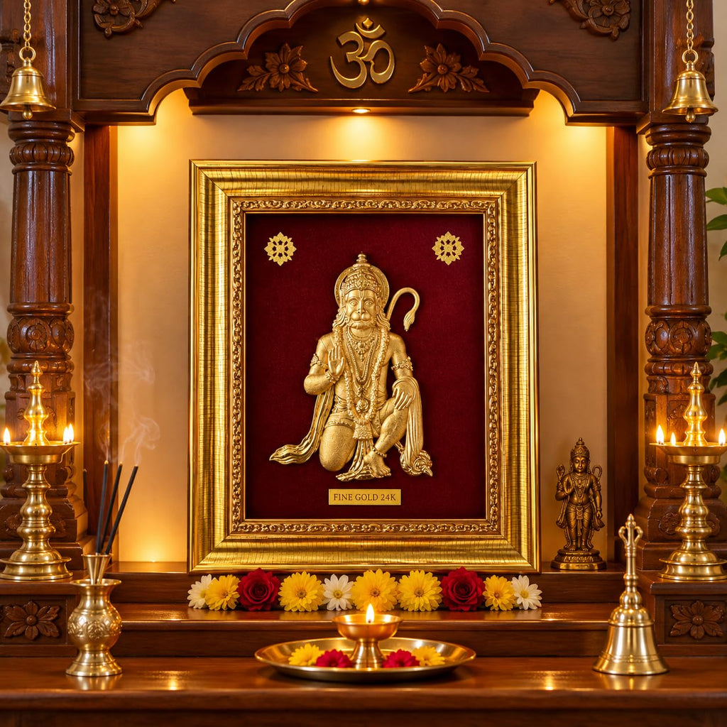 7 x 6 Lord Hanuman 24K Fine Gold Framed Wall Art