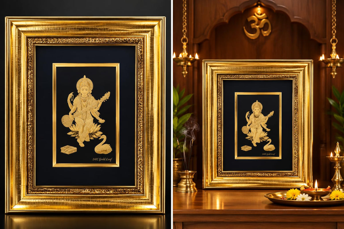 10 x 8 Goddess Saraswati 24K Gold Leaf Art Frame, Black & Gold