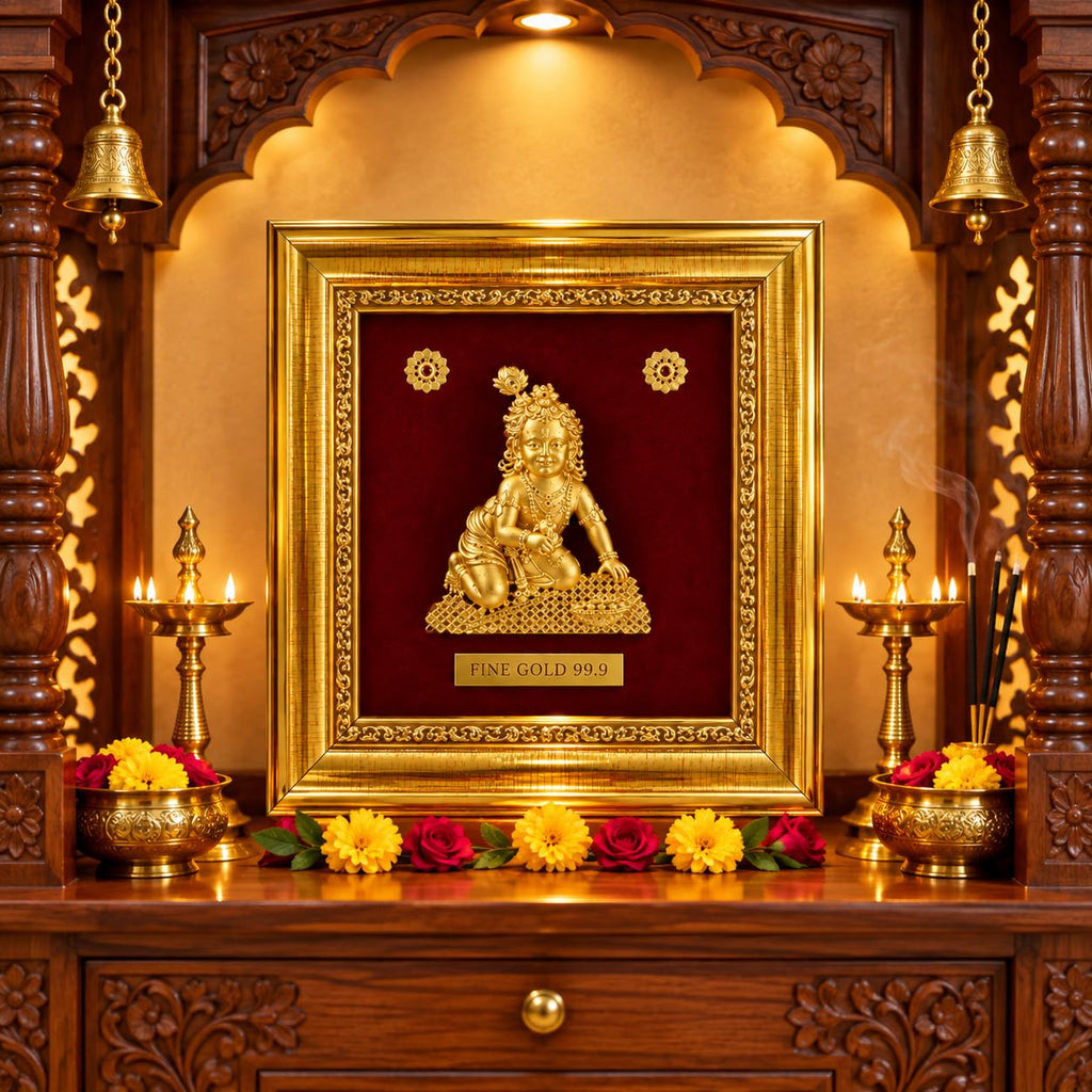 5x5 Bal Krishna Fine Gold 99.9 Framed Wall Art with Velvet Background