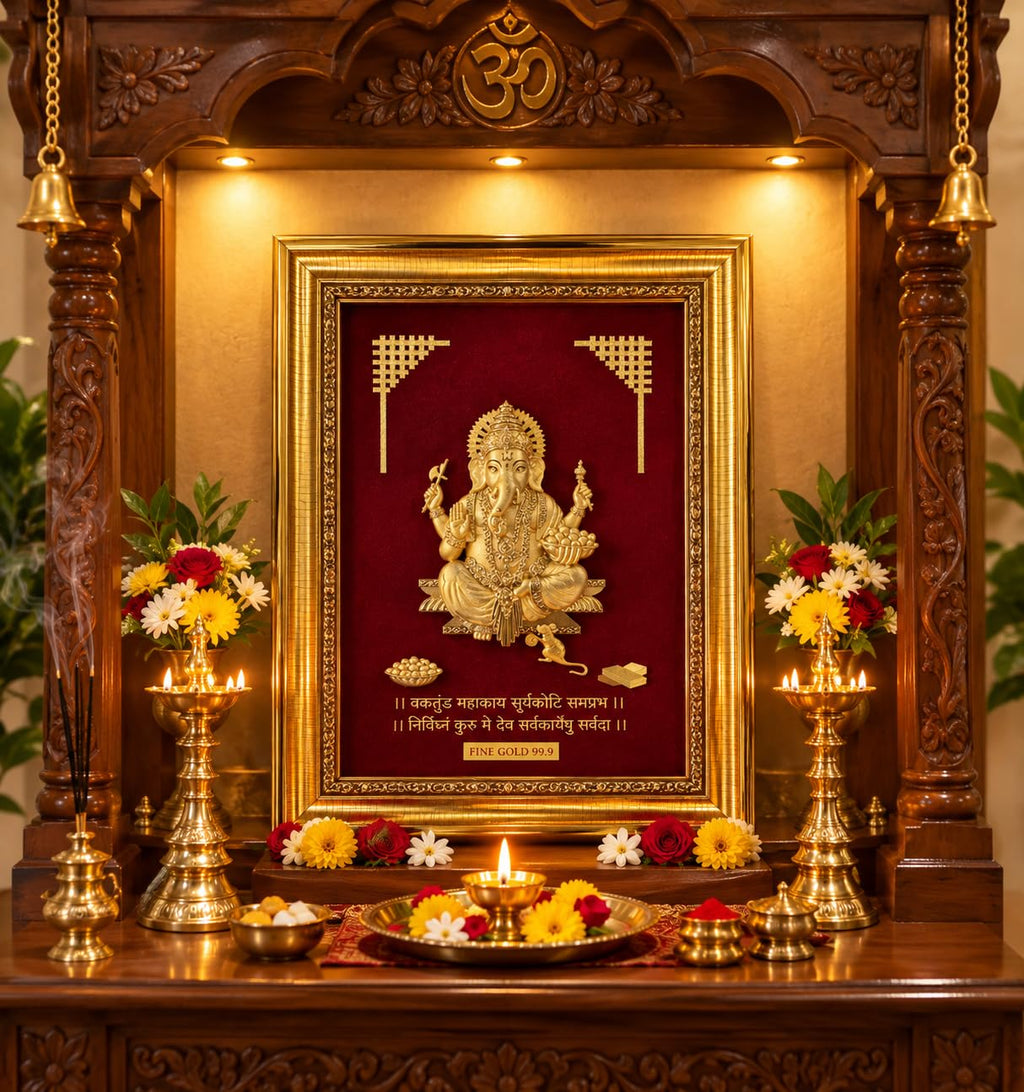 11 x 9 Ganesha Fine Gold 99.9 Framed Wall Art on Red Velvet Background