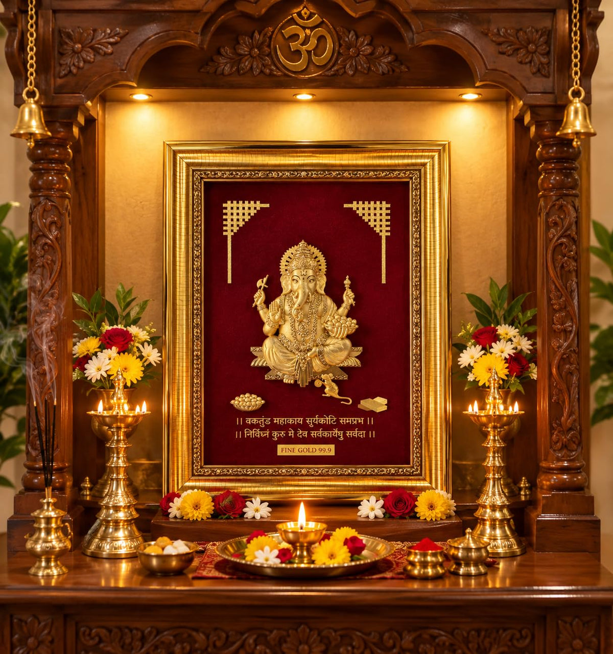11 x 9 Ganesha Fine Gold 99.9 Framed Wall Art on Red Velvet Background