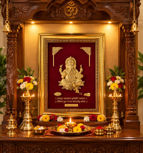 11 x 9 Ganesha Fine Gold 99.9 Framed Wall Art on Red Velvet Background