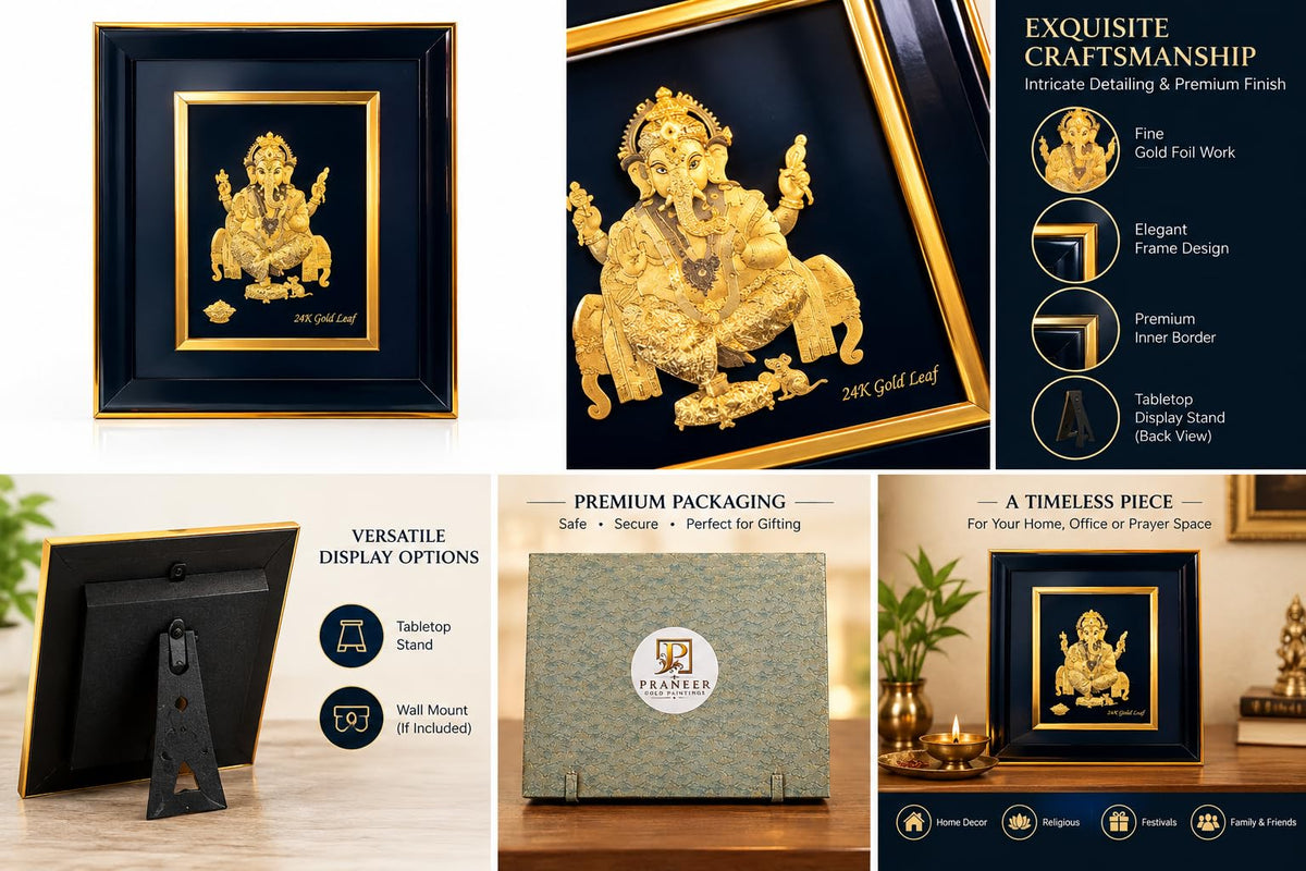 10x8 Lord Ganesha 24K Gold Leaf Framed Painting